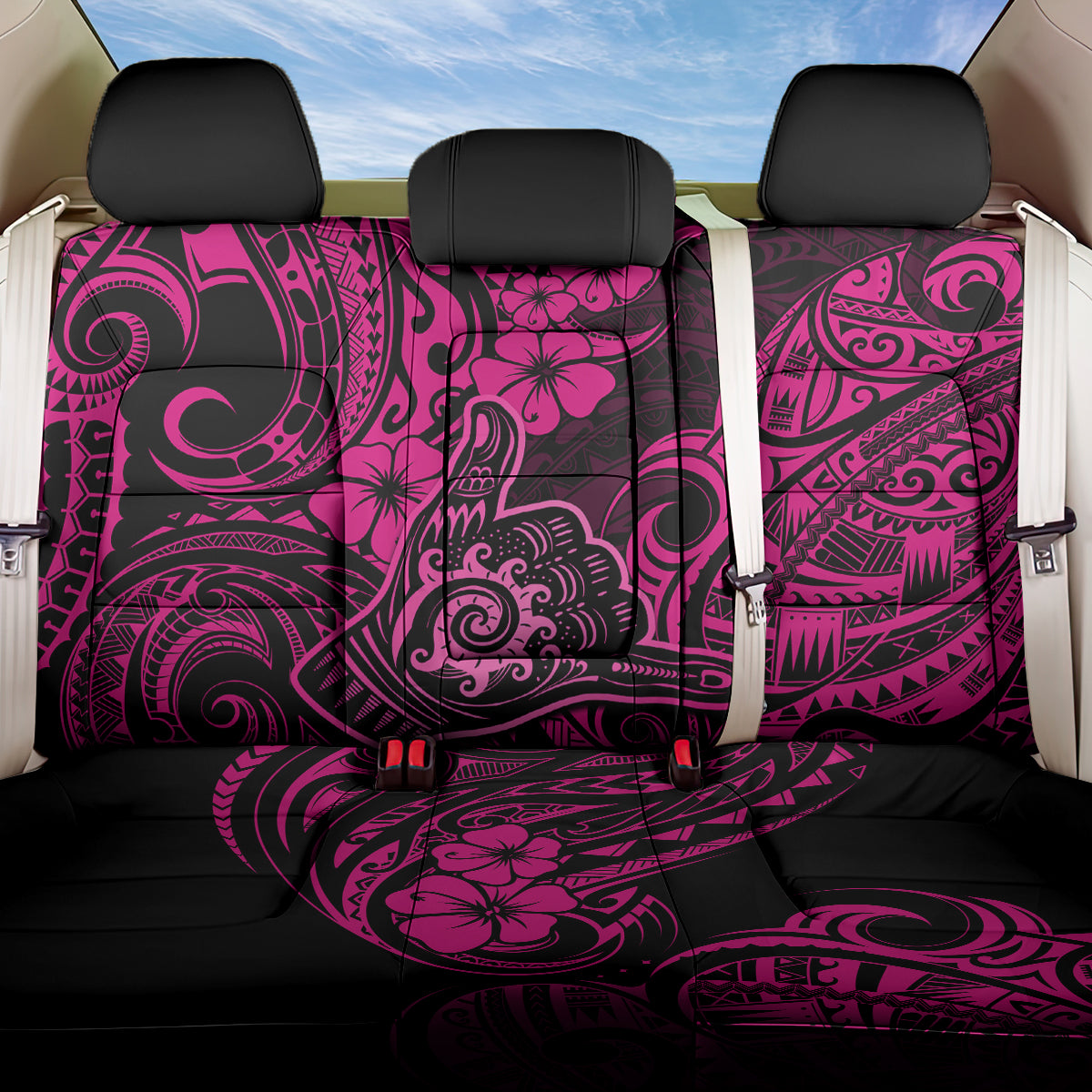 Hawaii Shaka Sign Back Car Seat Cover With Polynesian Hibiscus Pink Unique