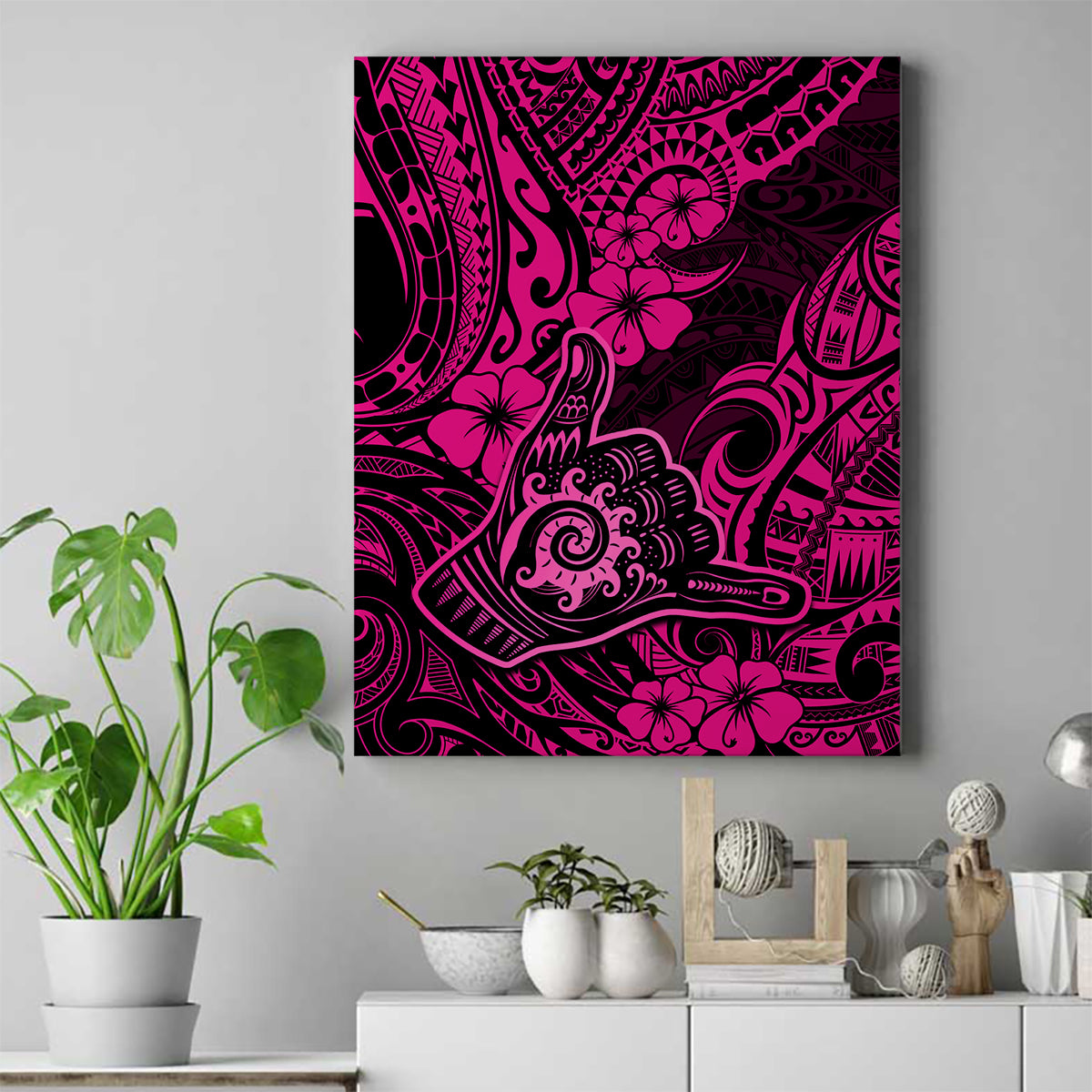 Hawaii Shaka Sign Canvas Wall Art With Polynesian Hibiscus Pink Unique LT01 Pink - Polynesian Pride