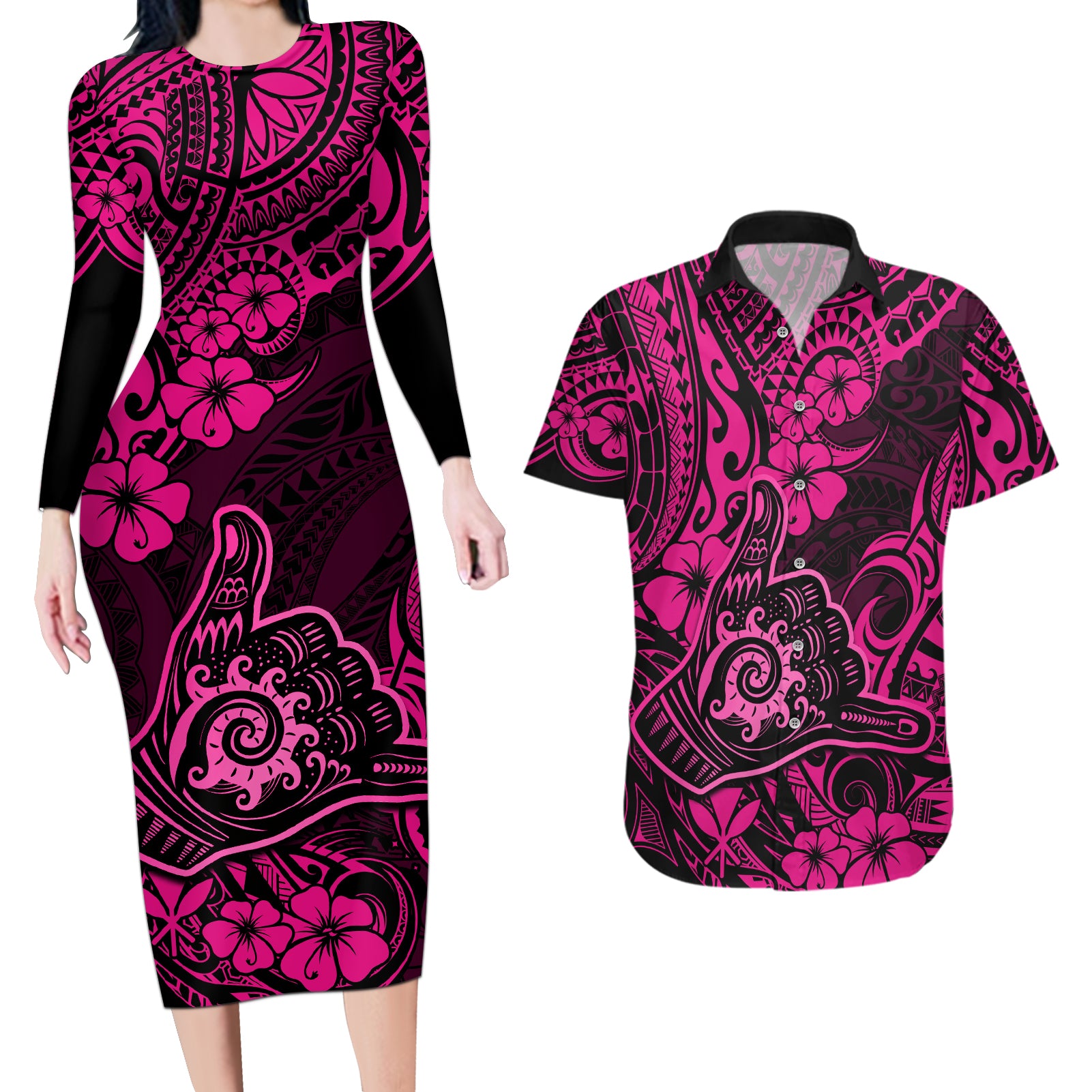 Hawaii Shaka Sign Couples Matching Long Sleeve Bodycon Dress and Hawaiian Shirt With Polynesian Hibiscus Pink Unique LT01 Pink - Polynesian Pride