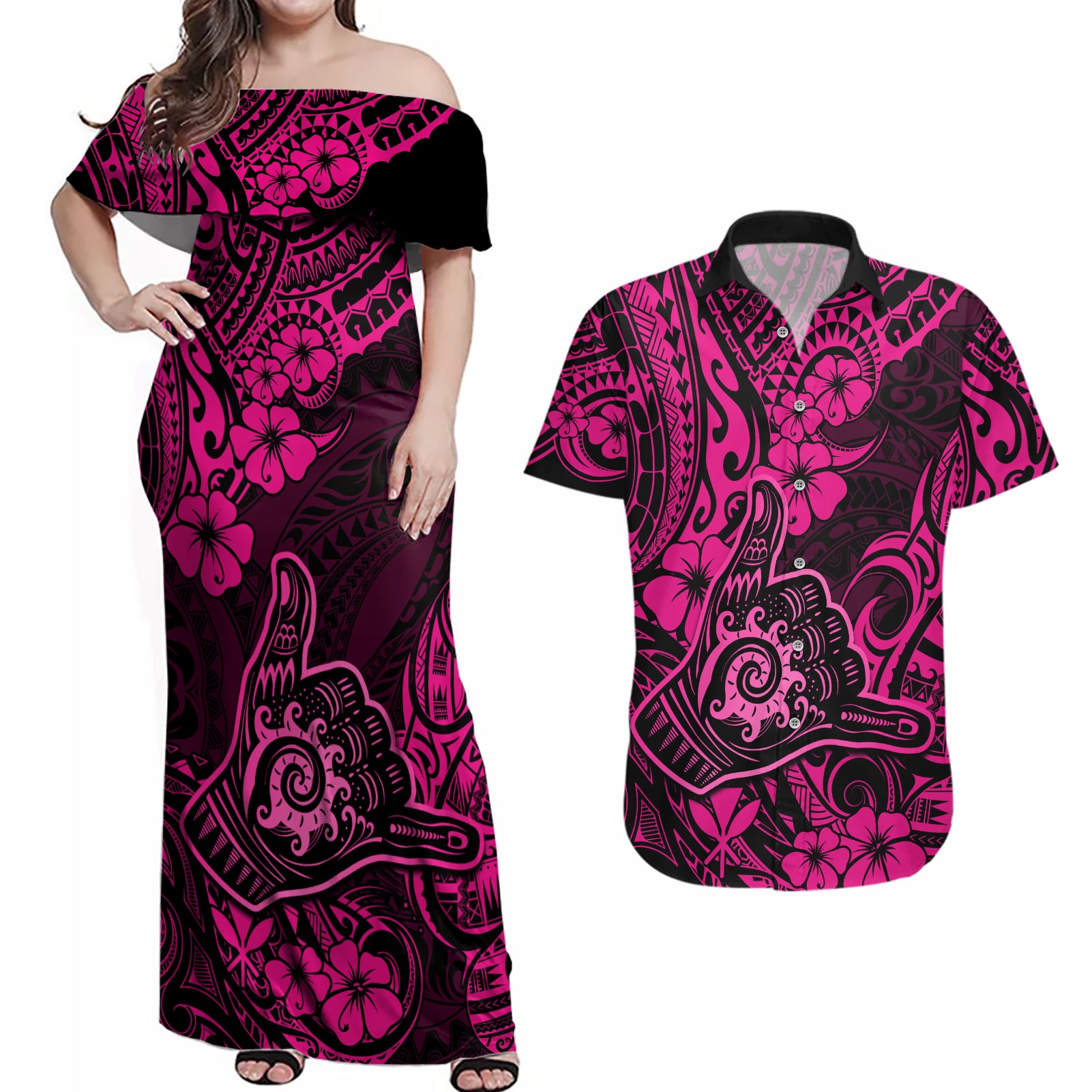 Hawaii Shaka Sign Couples Matching Off Shoulder Maxi Dress and Hawaiian Shirt With Polynesian Hibiscus Pink Unique LT01 Pink - Polynesian Pride