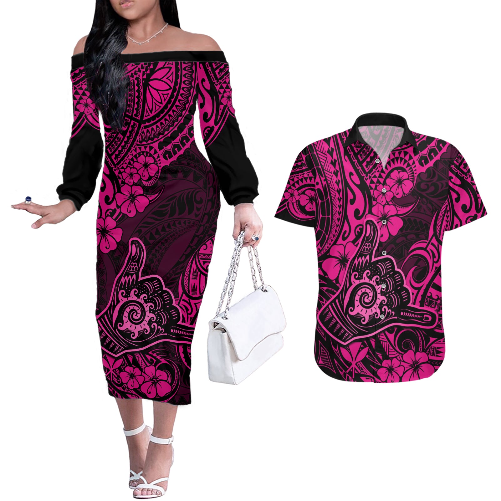 Hawaii Shaka Sign Couples Matching Off The Shoulder Long Sleeve Dress and Hawaiian Shirt With Polynesian Hibiscus Pink Unique LT01 Pink - Polynesian Pride