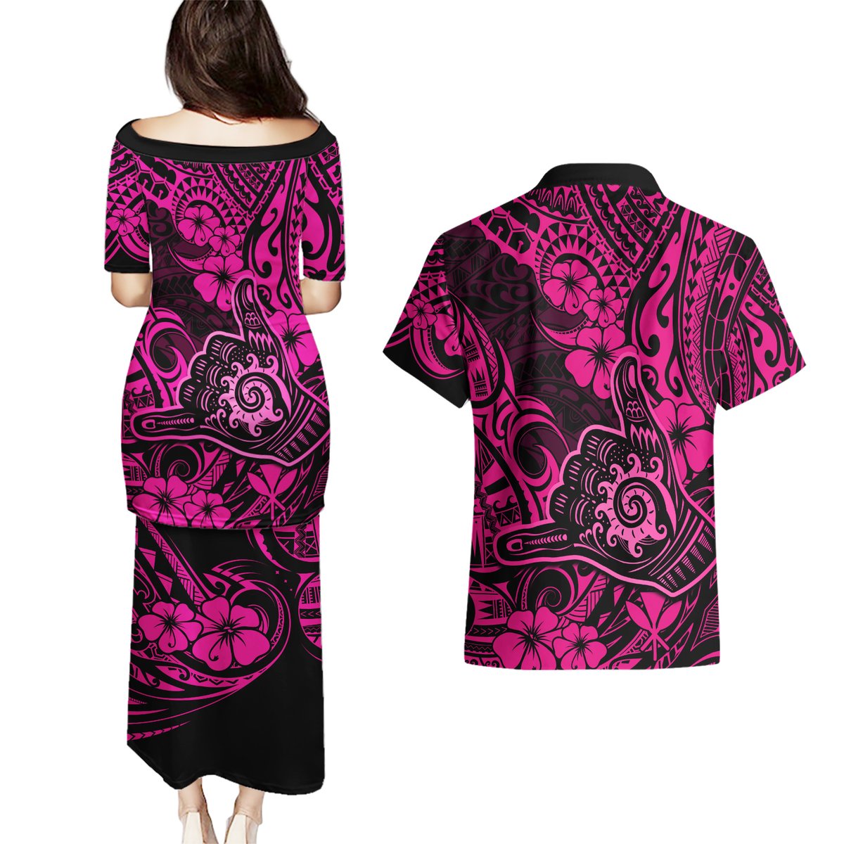Hawaii Shaka Sign Couples Matching Puletasi Dress and Hawaiian Shirt With Polynesian Hibiscus Pink Unique LT01 - Polynesian Pride