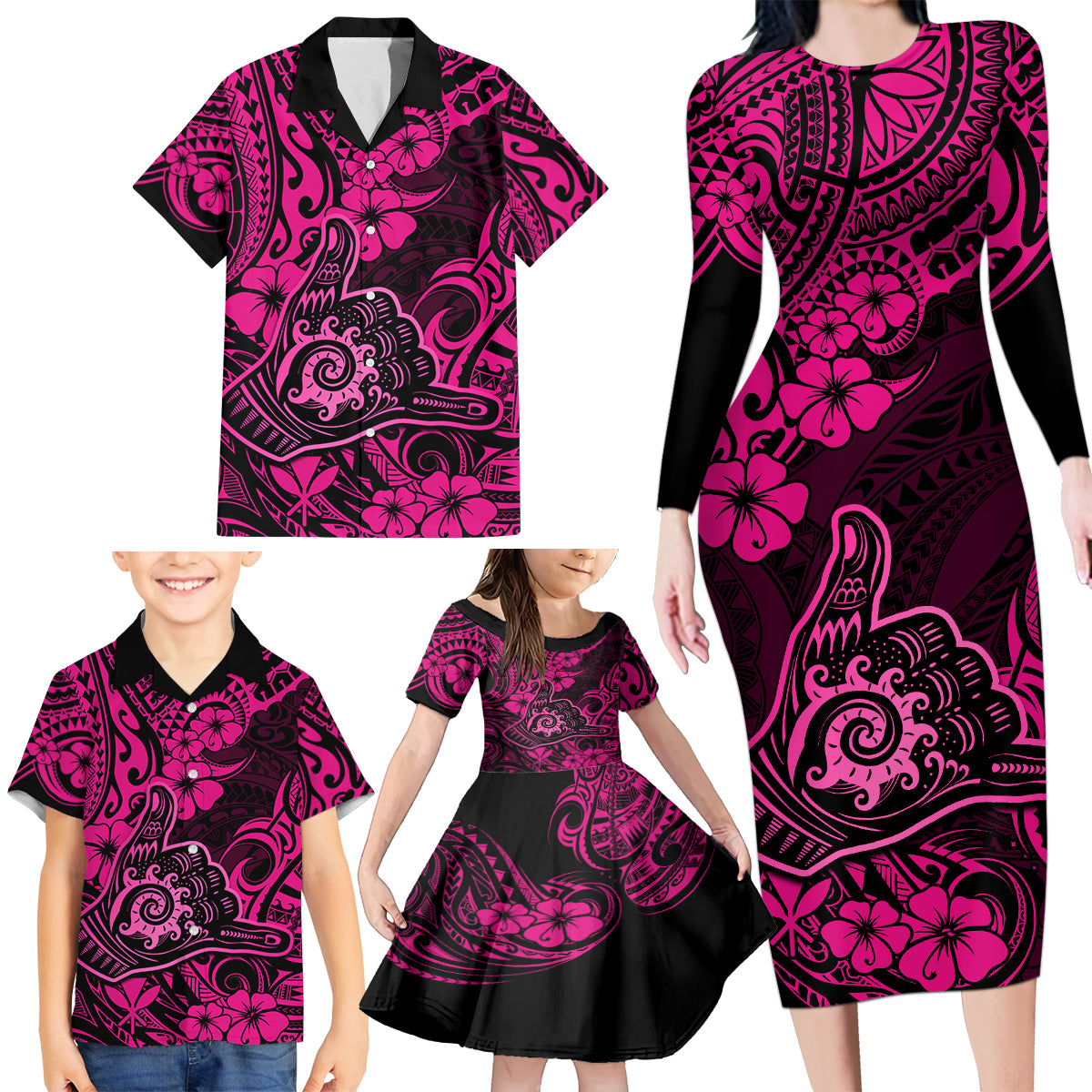 Hawaii Shaka Sign Family Matching Long Sleeve Bodycon Dress and Hawaiian Shirt With Polynesian Hibiscus Pink Unique LT01 - Polynesian Pride