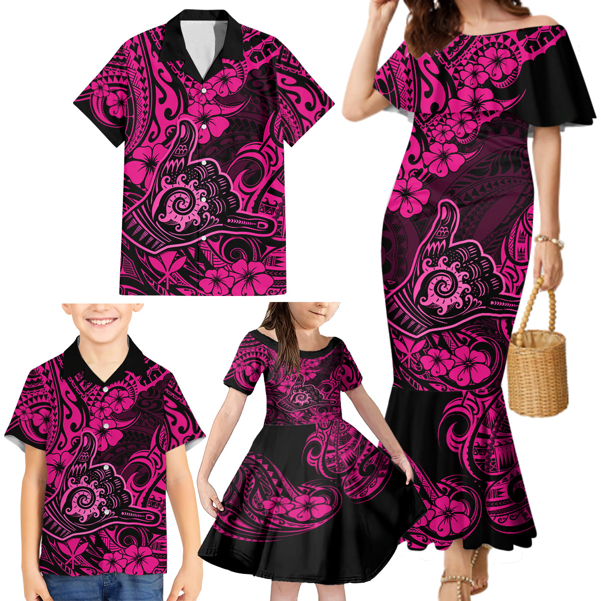 Hawaii Shaka Sign Family Matching Mermaid Dress and Hawaiian Shirt With Polynesian Hibiscus Pink Unique LT01 - Polynesian Pride