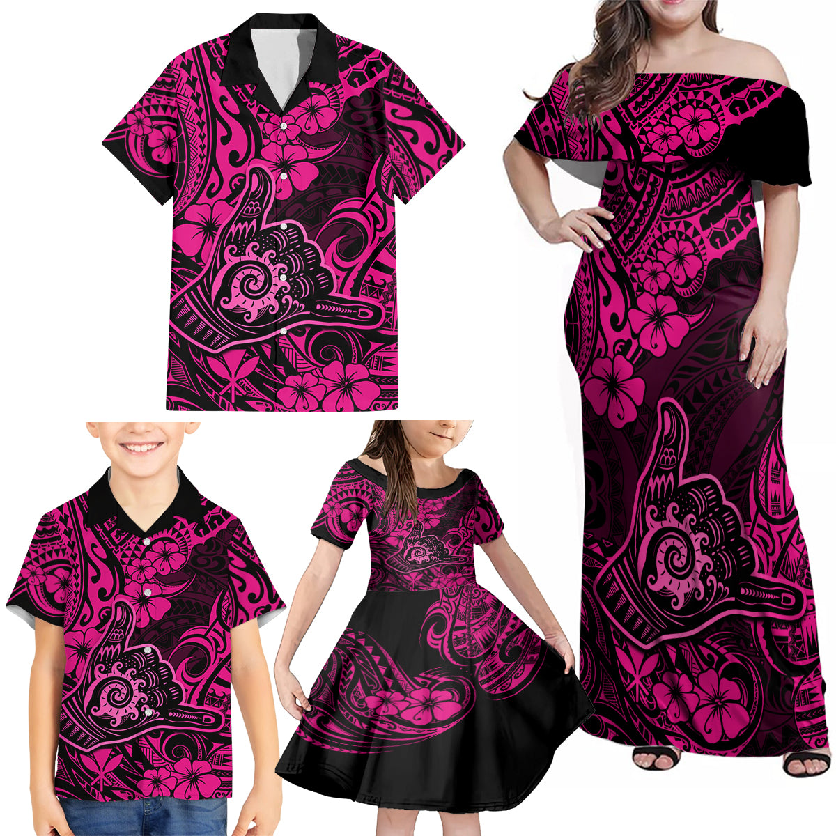 Hawaii Shaka Sign Family Matching Off Shoulder Maxi Dress and Hawaiian Shirt With Polynesian Hibiscus Pink Unique LT01 - Polynesian Pride