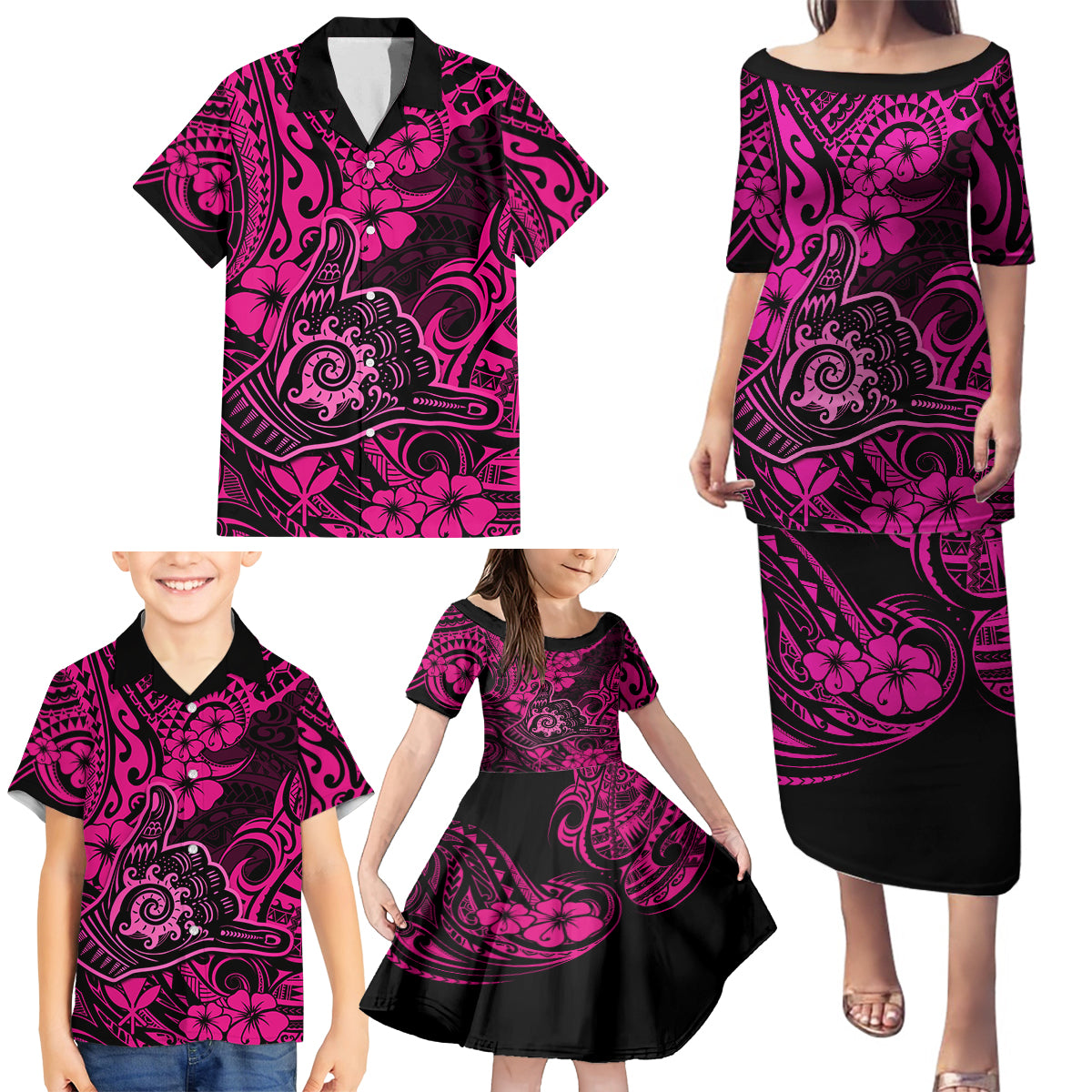 Hawaii Shaka Sign Family Matching Puletasi Dress and Hawaiian Shirt With Polynesian Hibiscus Pink Unique LT01 - Polynesian Pride