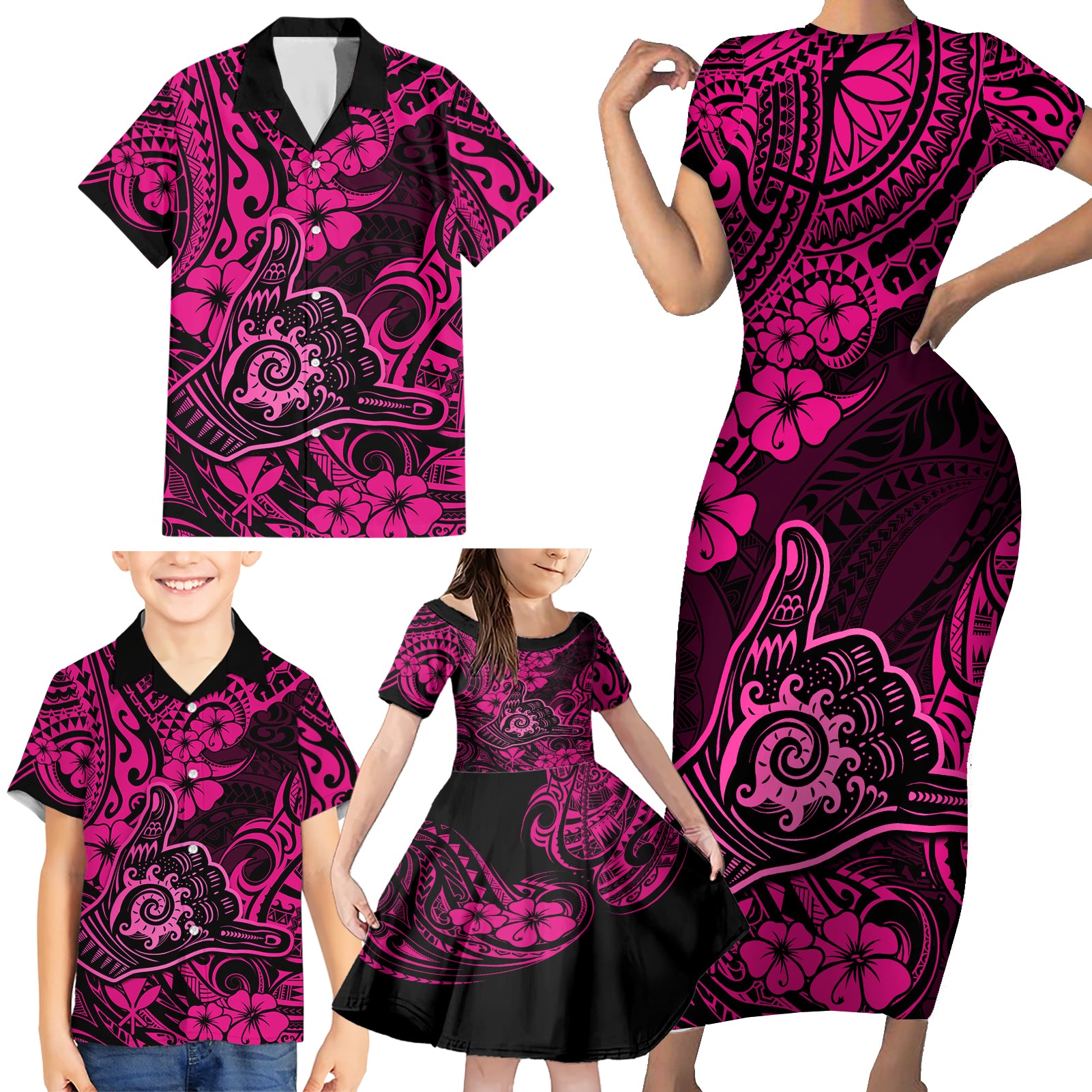 Hawaii Shaka Sign Family Matching Short Sleeve Bodycon Dress and Hawaiian Shirt With Polynesian Hibiscus Pink Unique LT01 - Polynesian Pride