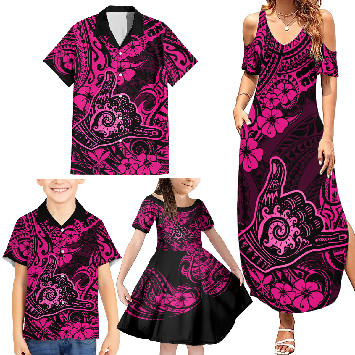 Hawaii Shaka Sign Family Matching Summer Maxi Dress and Hawaiian Shirt With Polynesian Hibiscus Pink Unique LT01 - Polynesian Pride