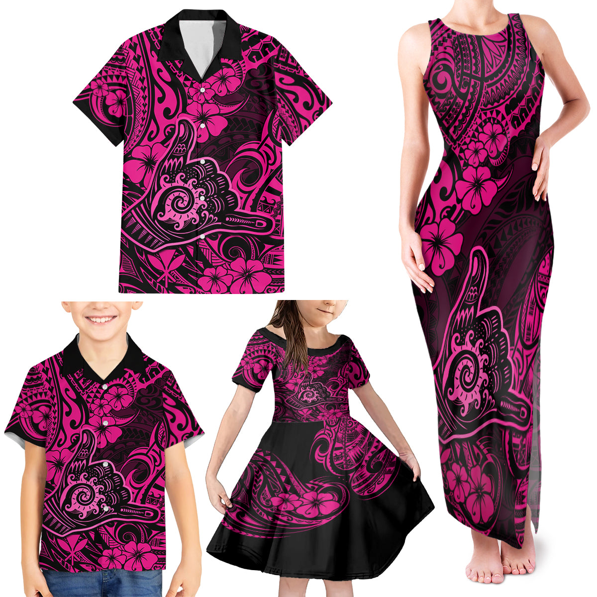 Hawaii Shaka Sign Family Matching Tank Maxi Dress and Hawaiian Shirt With Polynesian Hibiscus Pink Unique LT01 - Polynesian Pride