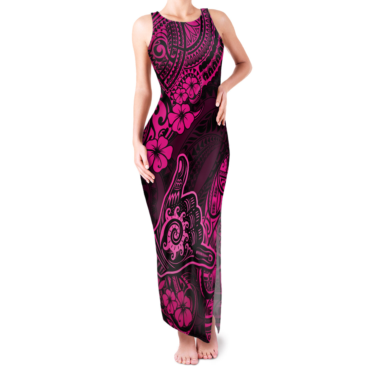 Hawaii Shaka Sign Family Matching Tank Maxi Dress and Hawaiian Shirt With Polynesian Hibiscus Pink Unique LT01 Mom's Dress Pink - Polynesian Pride