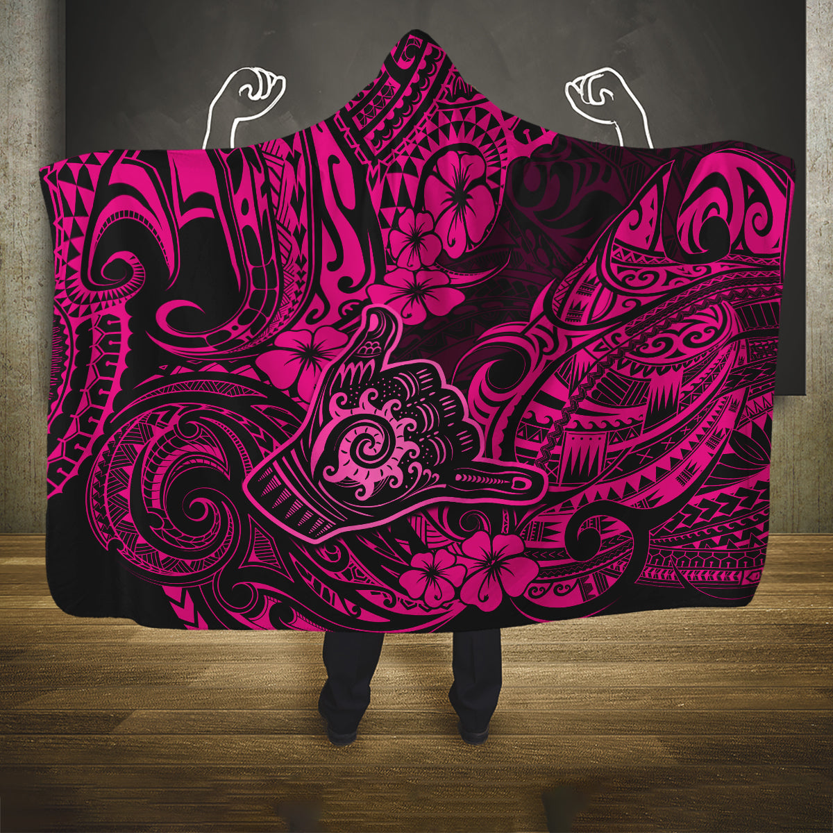 Hawaii Shaka Sign Hooded Blanket With Polynesian Hibiscus Pink Unique LT01 One Size Pink - Polynesian Pride