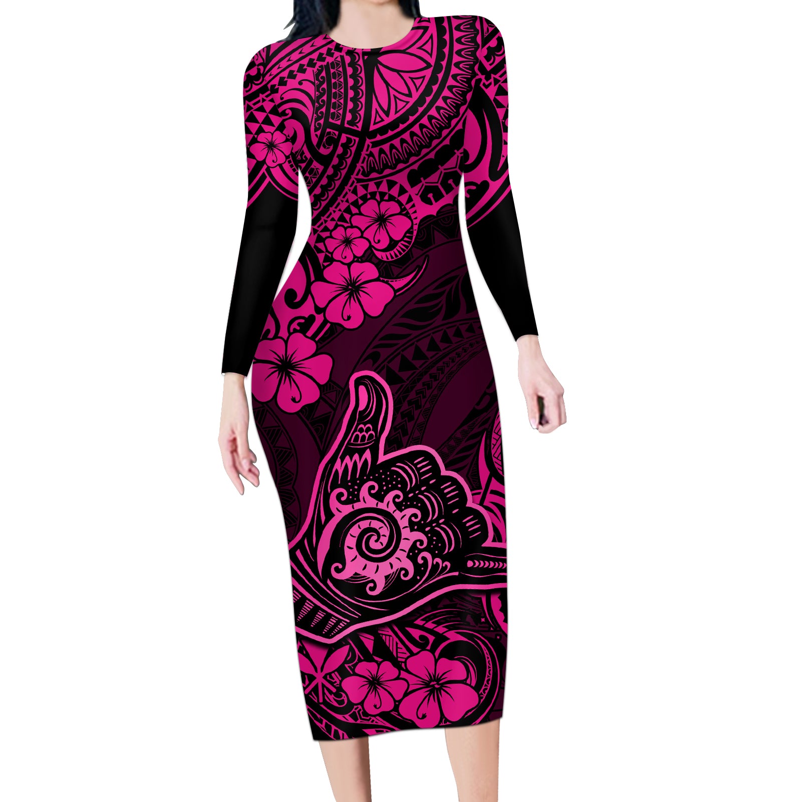 Hawaii Shaka Sign Long Sleeve Bodycon Dress With Polynesian Hibiscus Pink Unique LT01 Long Dress Pink - Polynesian Pride