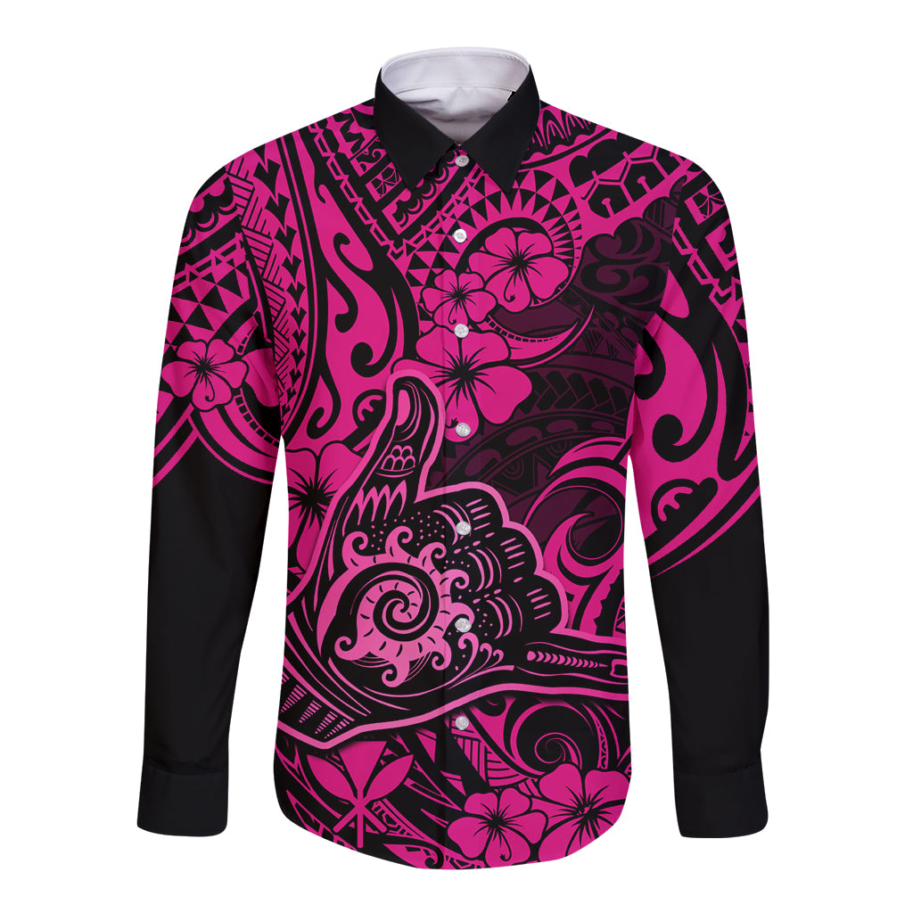 Hawaii Shaka Sign Long Sleeve Button Shirt With Polynesian Hibiscus Pink Unique LT01 Unisex Pink - Polynesian Pride