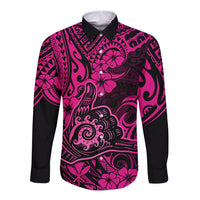 Hawaii Shaka Sign Long Sleeve Button Shirt With Polynesian Hibiscus Pink Unique LT01 Unisex Pink - Polynesian Pride