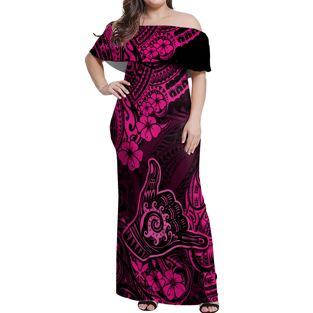 Hawaii Shaka Sign Off Shoulder Maxi Dress With Polynesian Hibiscus Pink Unique LT01 Women Pink - Polynesian Pride