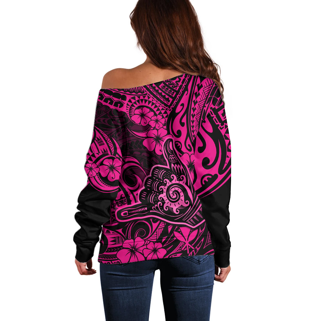 Hawaii Shaka Sign Off Shoulder Sweater With Polynesian Hibiscus Pink Unique LT01 - Polynesian Pride
