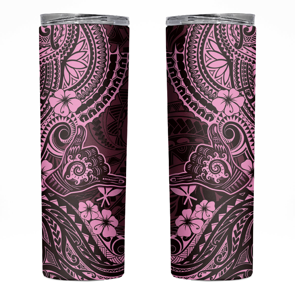 Hawaii Shaka Sign Skinny Tumbler With Polynesian Hibiscus Pink Unique