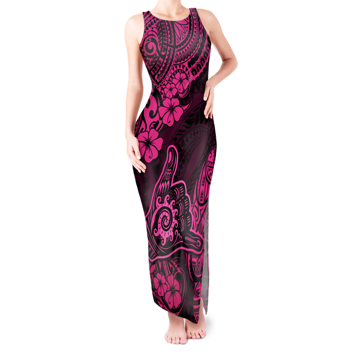 Hawaii Shaka Sign Tank Maxi Dress With Polynesian Hibiscus Pink Unique LT01 Women Pink - Polynesian Pride