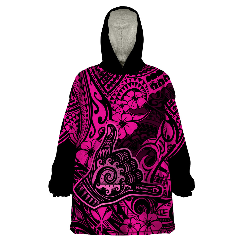 Hawaii Shaka Sign Wearable Blanket Hoodie With Polynesian Hibiscus Pink Unique LT01 One Size Pink - Polynesian Pride