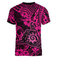 Hawaii Shaka Sign Women V Neck T Shirt With Polynesian Hibiscus Pink Unique LT01 - Polynesian Pride