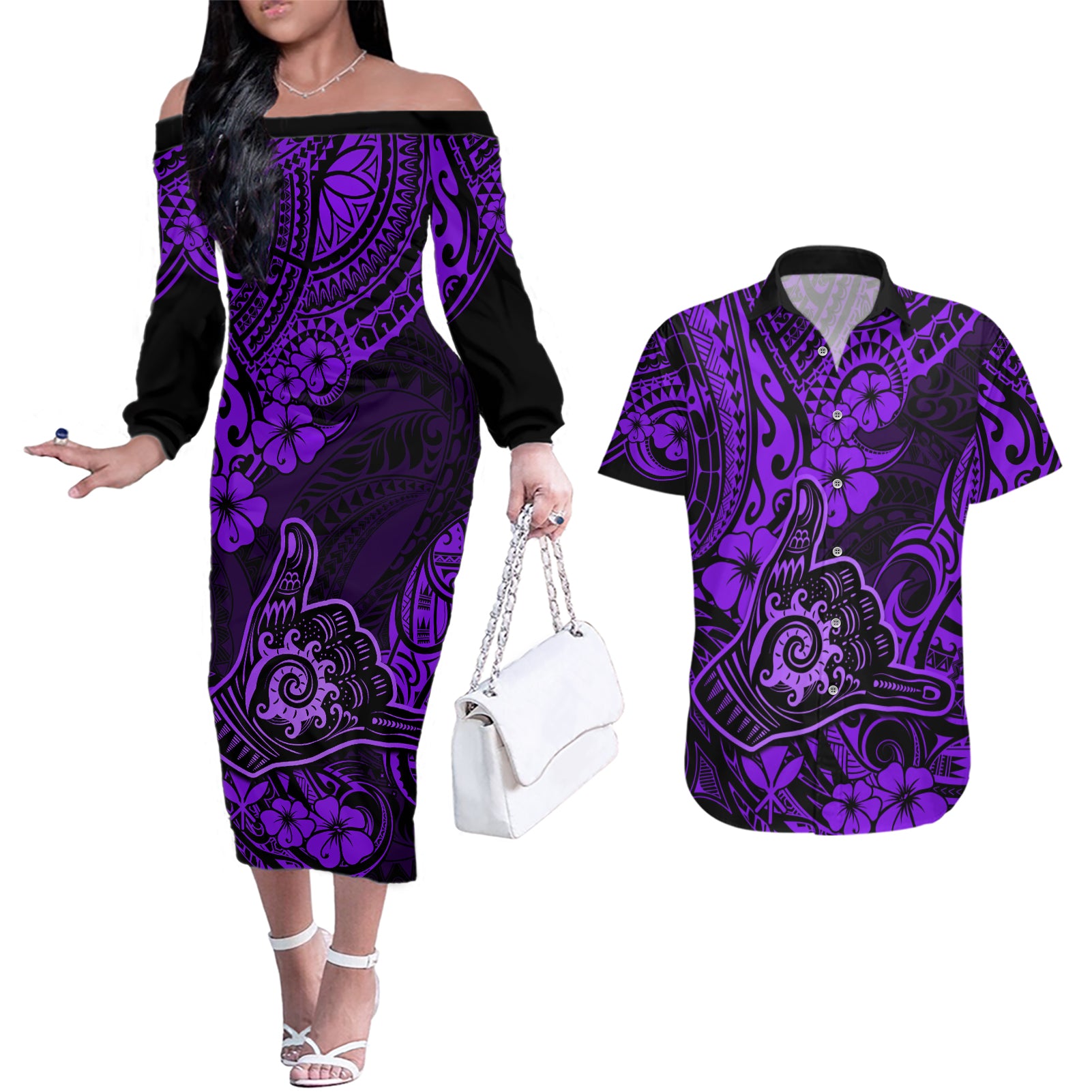 Hawaii Shaka Sign Couples Matching Off The Shoulder Long Sleeve Dress and Hawaiian Shirt Polynesian Pattern Purple Version LT01 Purple - Polynesian Pride