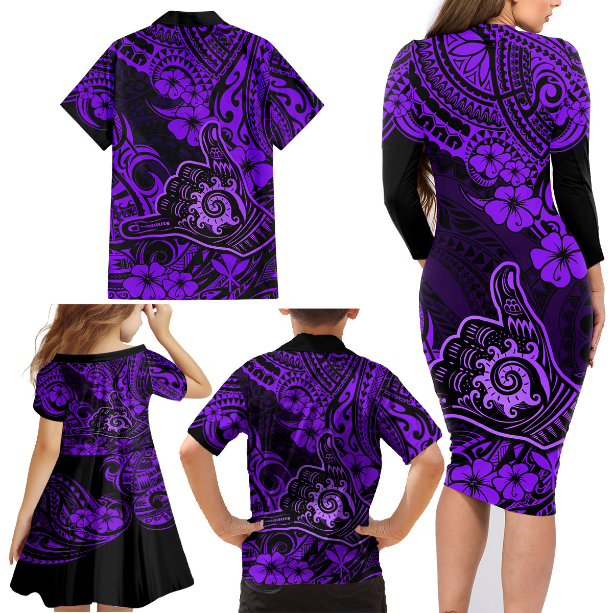 Hawaii Shaka Sign Family Matching Long Sleeve Bodycon Dress and Hawaiian Shirt Polynesian Pattern Purple Version LT01 - Polynesian Pride
