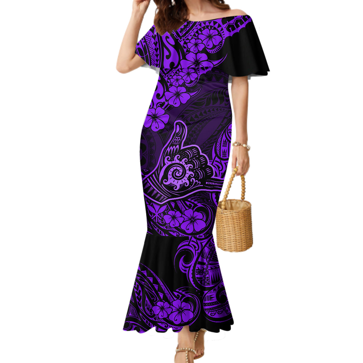 Hawaii Shaka Sign Family Matching Mermaid Dress and Hawaiian Shirt Polynesian Pattern Purple Version LT01 Mom's Dress Purple - Polynesian Pride