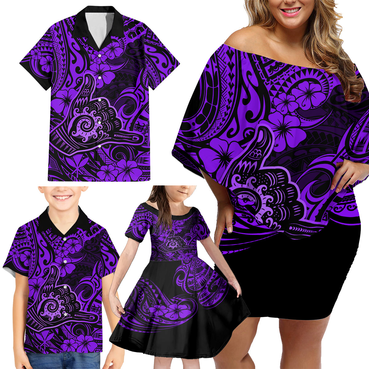 Hawaii Shaka Sign Family Matching Off Shoulder Short Dress and Hawaiian Shirt Polynesian Pattern Purple Version LT01 - Polynesian Pride