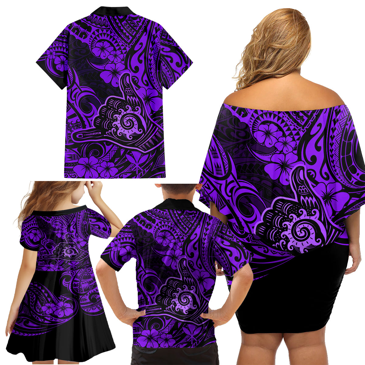 Hawaii Shaka Sign Family Matching Off Shoulder Short Dress and Hawaiian Shirt Polynesian Pattern Purple Version LT01 - Polynesian Pride