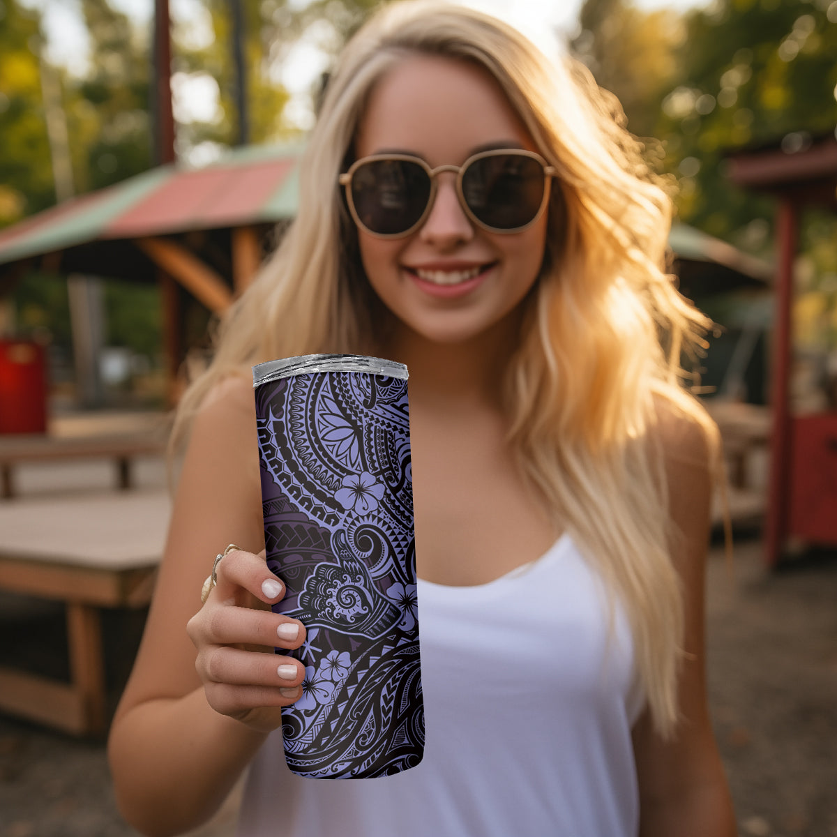 Hawaii Shaka Sign Skinny Tumbler Polynesian Pattern Purple Version