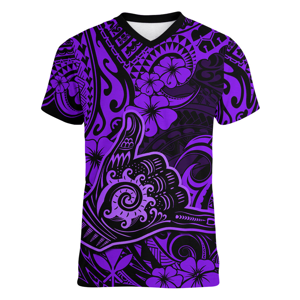 Hawaii Shaka Sign Women V Neck T Shirt Polynesian Pattern Purple Version LT01 Female Purple - Polynesian Pride