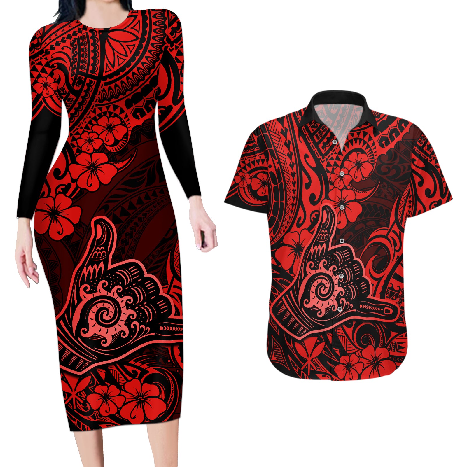 Hawaii Shaka Sign Couples Matching Long Sleeve Bodycon Dress and Hawaiian Shirt Polynesian Pattern Red Version LT01 Red - Polynesian Pride