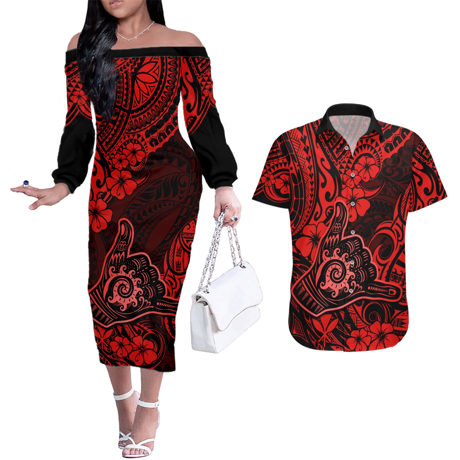 Hawaii Shaka Sign Couples Matching Off The Shoulder Long Sleeve Dress and Hawaiian Shirt Polynesian Pattern Red Version LT01 Red - Polynesian Pride