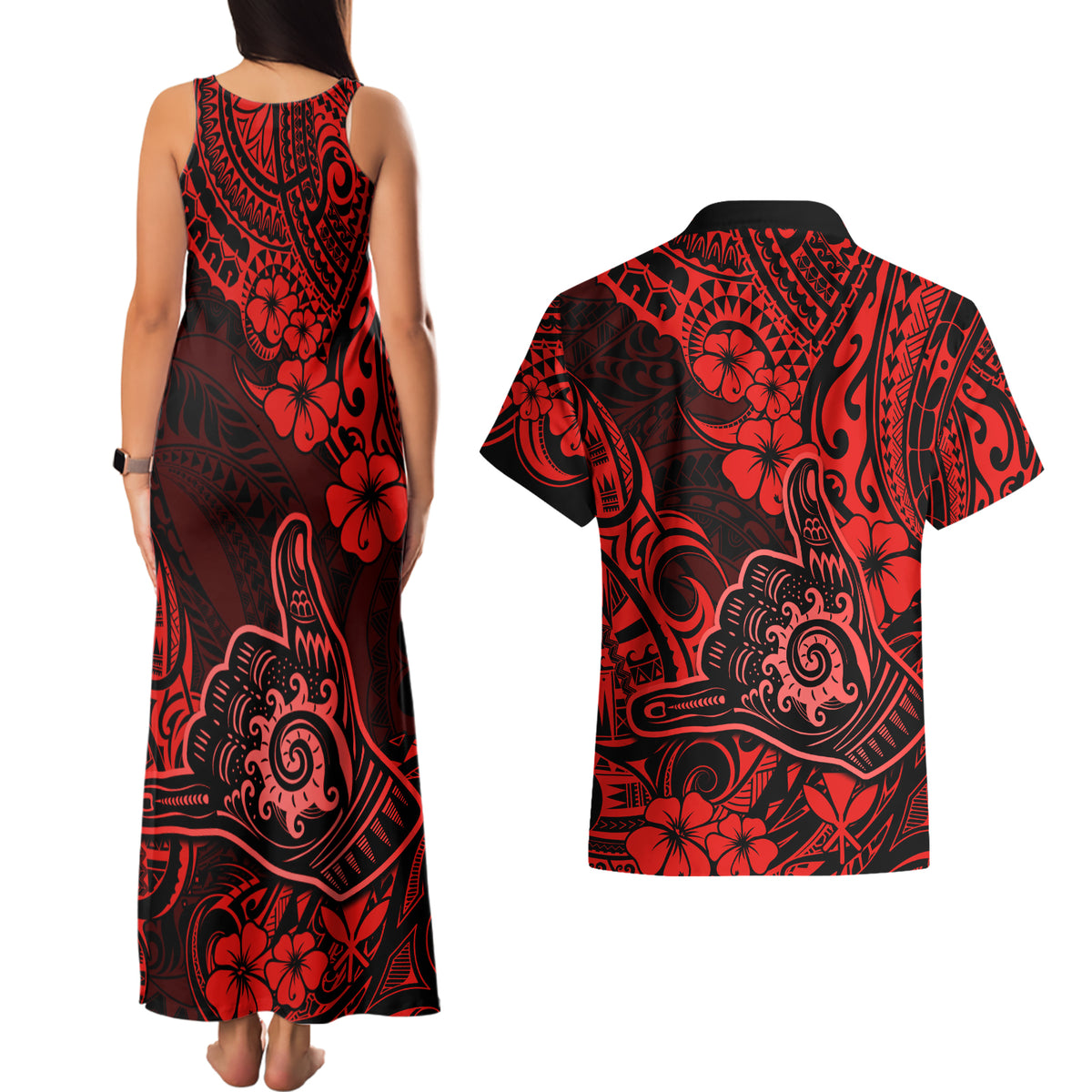 Hawaii Shaka Sign Couples Matching Tank Maxi Dress and Hawaiian Shirt Polynesian Pattern Red Version LT01 - Polynesian Pride