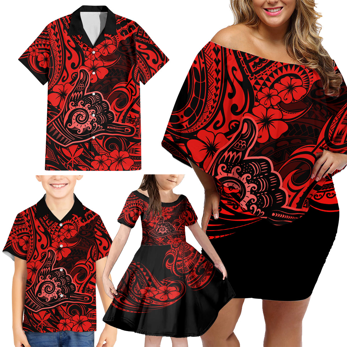 Hawaii Shaka Sign Family Matching Off Shoulder Short Dress and Hawaiian Shirt Polynesian Pattern Red Version LT01 - Polynesian Pride