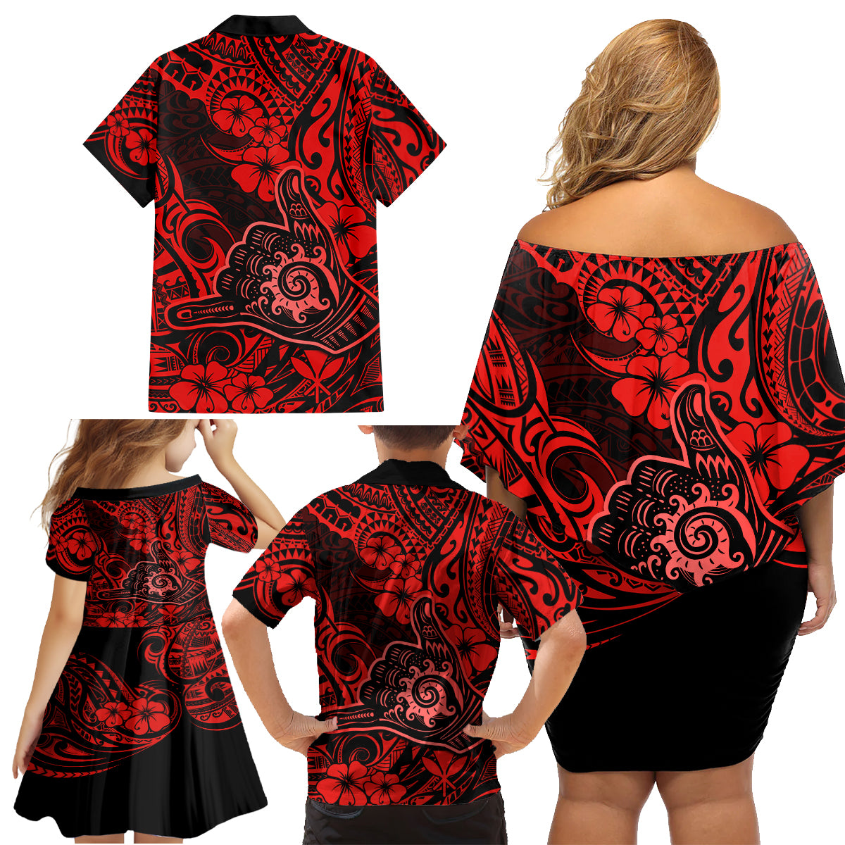 Hawaii Shaka Sign Family Matching Off Shoulder Short Dress and Hawaiian Shirt Polynesian Pattern Red Version LT01 - Polynesian Pride