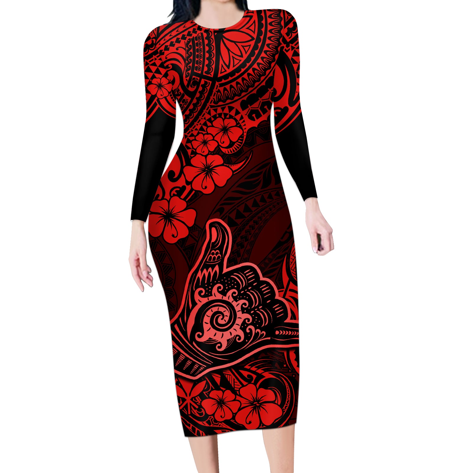 Hawaii Shaka Sign Long Sleeve Bodycon Dress Polynesian Pattern Red Version LT01 Long Dress Red - Polynesian Pride