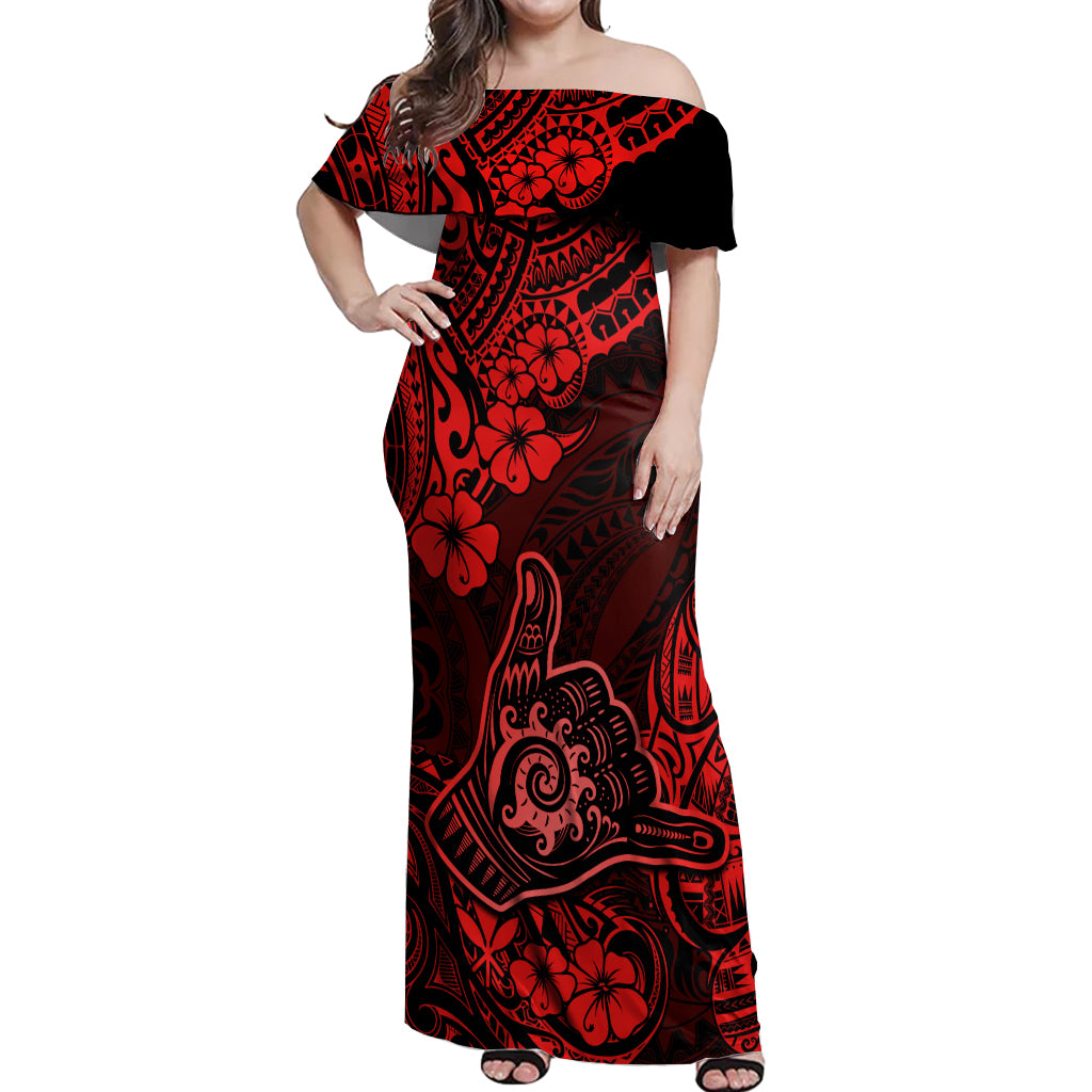 Hawaii Shaka Sign Off Shoulder Maxi Dress Polynesian Pattern Red Version LT01 Women Red - Polynesian Pride