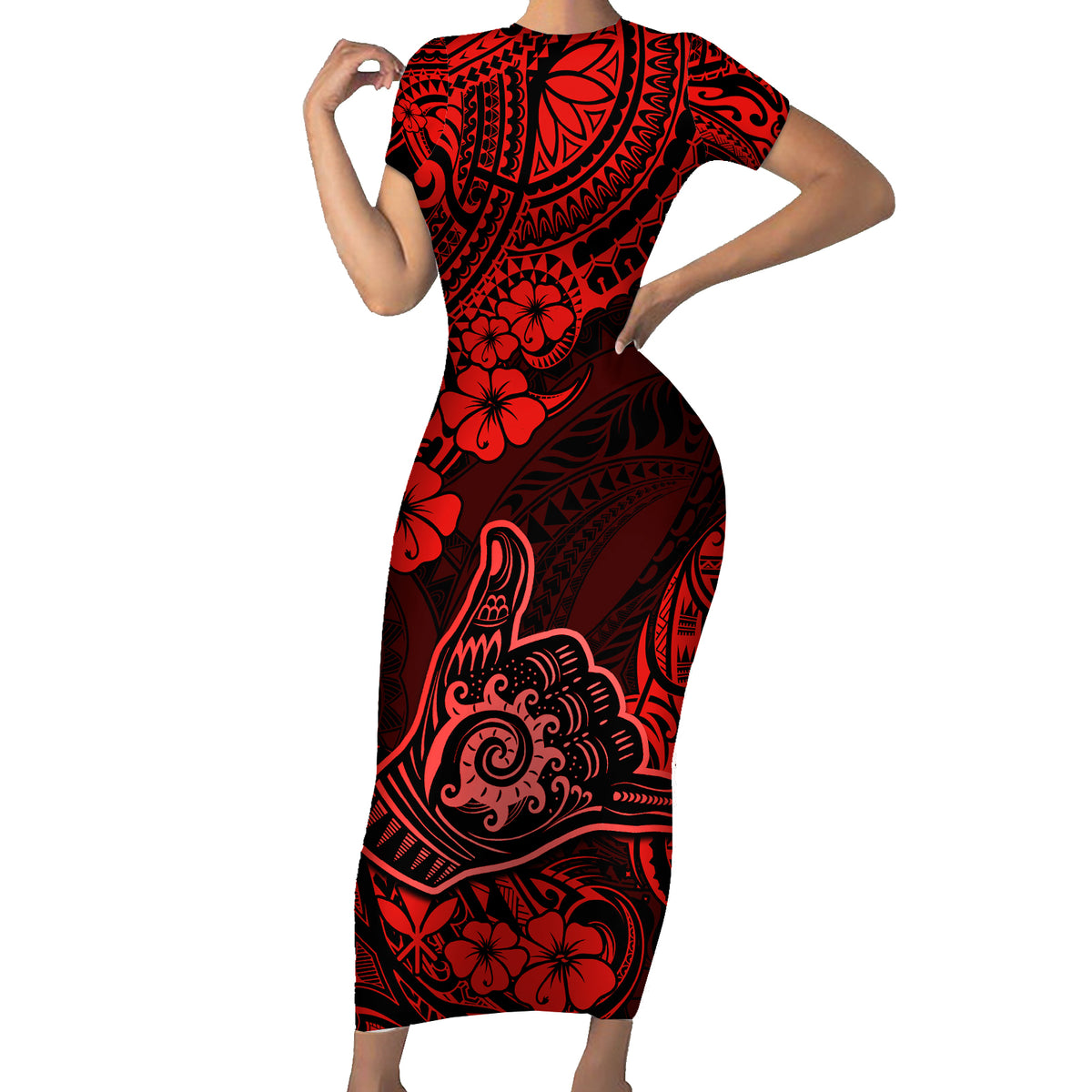 Hawaii Shaka Sign Short Sleeve Bodycon Dress Polynesian Pattern Red Version LT01 Long Dress Red - Polynesian Pride