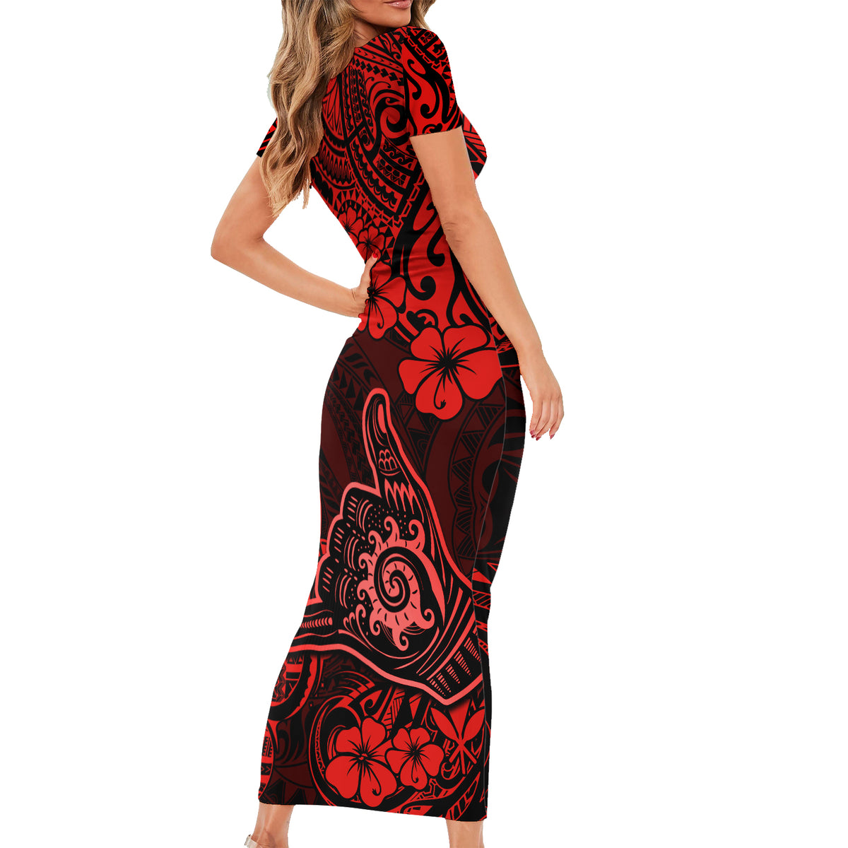 Hawaii Shaka Sign Short Sleeve Bodycon Dress Polynesian Pattern Red Version LT01 - Polynesian Pride