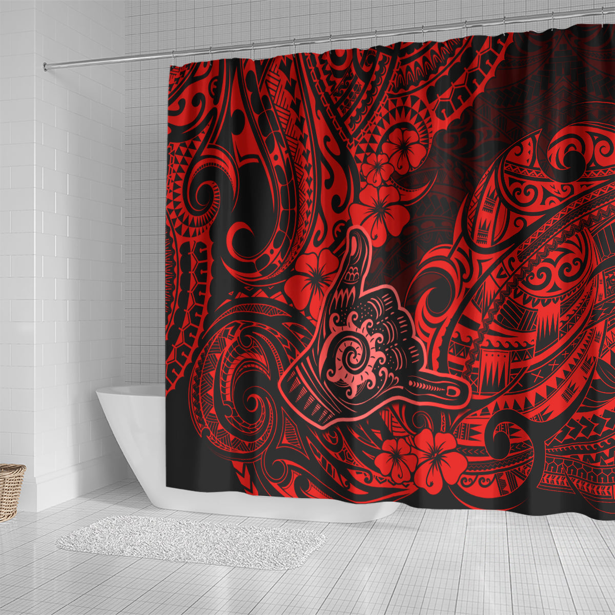 Hawaii Shaka Sign Shower Curtain Polynesian Pattern Red Version LT01 - Polynesian Pride