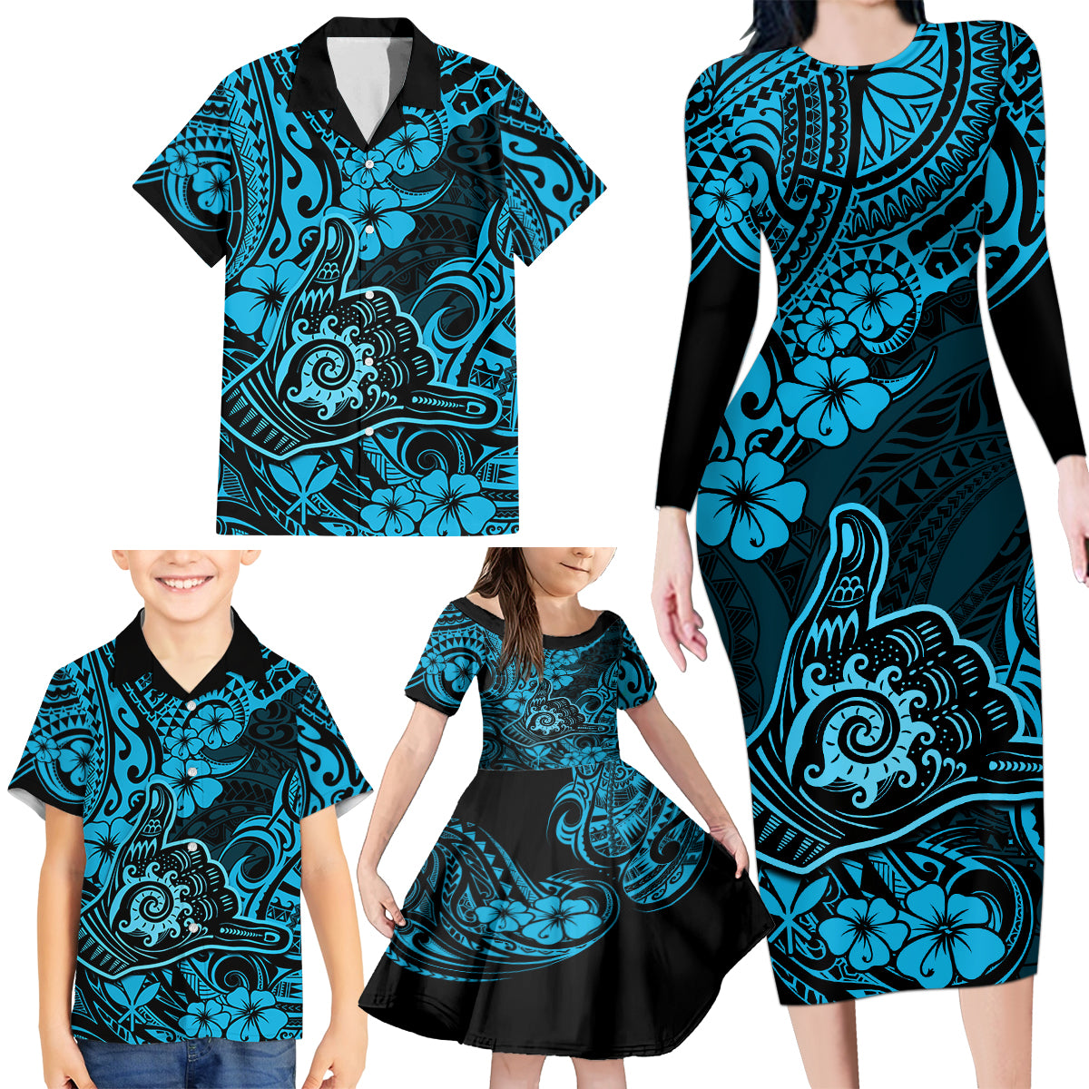 Hawaii Shaka Sign Family Matching Long Sleeve Bodycon Dress and Hawaiian Shirt Polynesian Pattern Sky Blue Version LT01 - Polynesian Pride