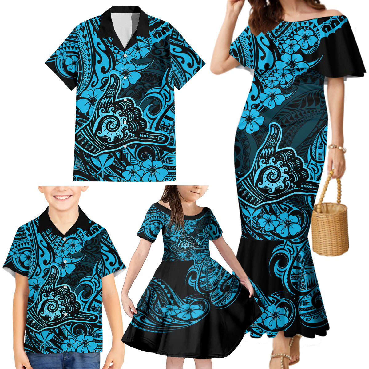 Hawaii Shaka Sign Family Matching Mermaid Dress and Hawaiian Shirt Polynesian Pattern Sky Blue Version LT01 - Polynesian Pride