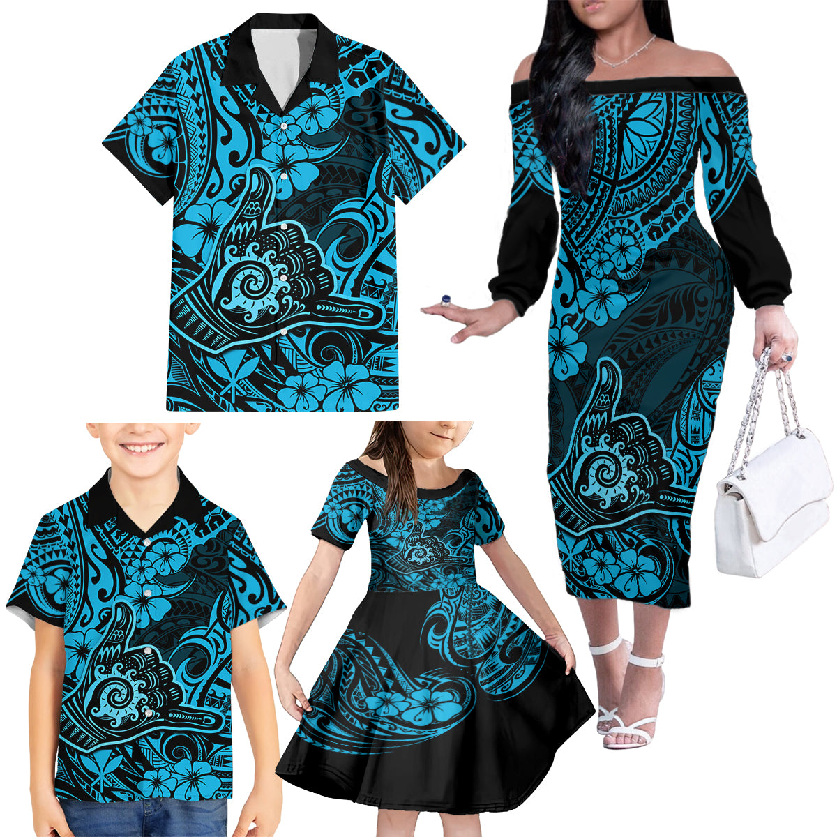 Hawaii Shaka Sign Family Matching Off Shoulder Long Sleeve Dress and Hawaiian Shirt Polynesian Pattern Sky Blue Version LT01 - Polynesian Pride