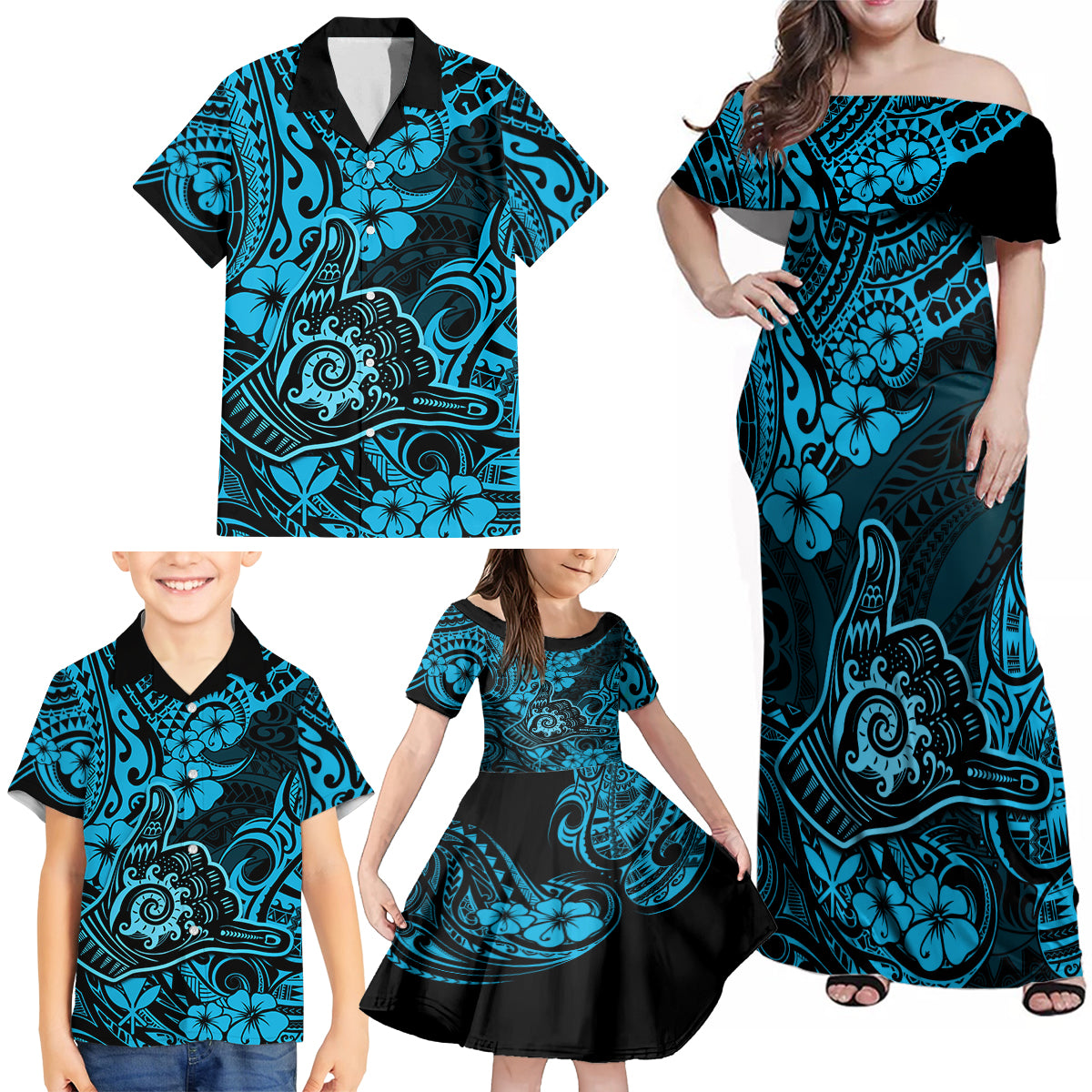 Hawaii Shaka Sign Family Matching Off Shoulder Maxi Dress and Hawaiian Shirt Polynesian Pattern Sky Blue Version LT01 - Polynesian Pride