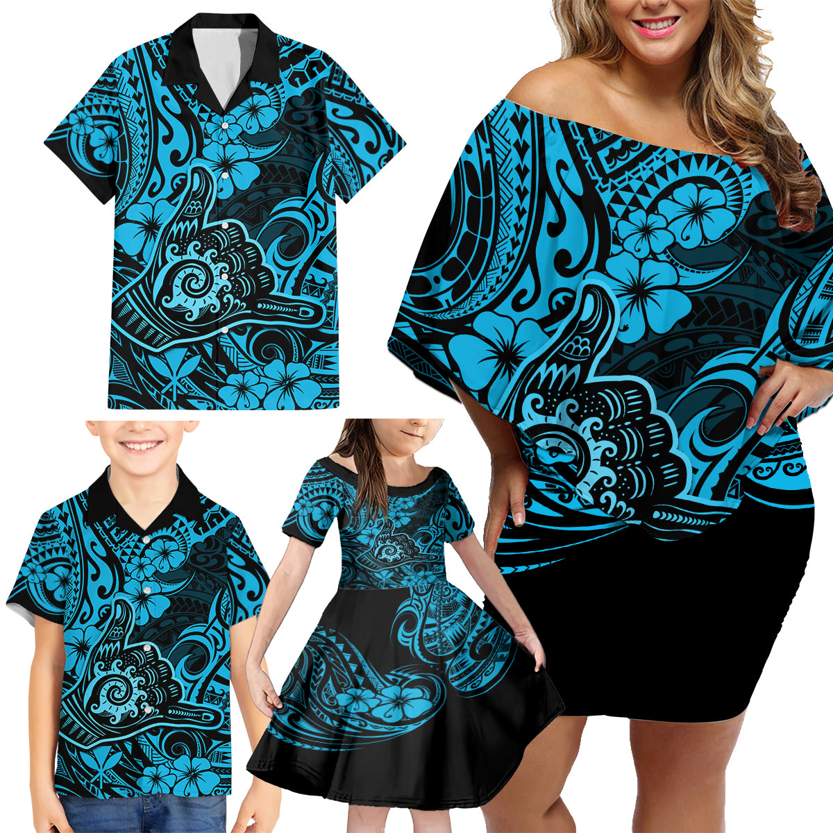 Hawaii Shaka Sign Family Matching Off Shoulder Short Dress and Hawaiian Shirt Polynesian Pattern Sky Blue Version LT01 - Polynesian Pride