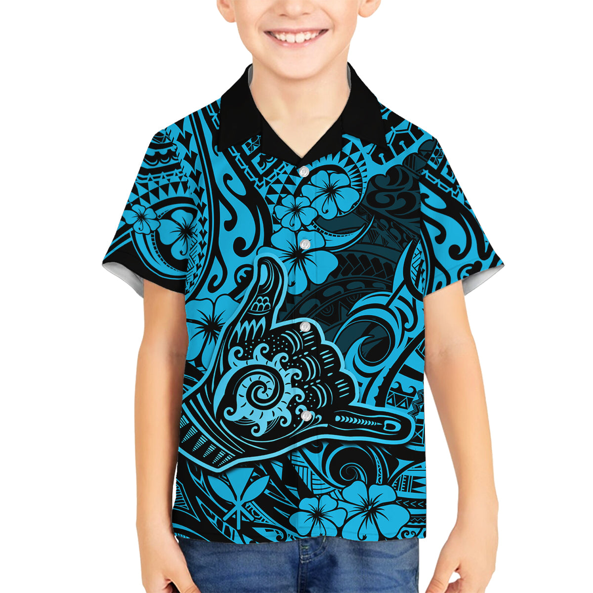 Hawaii Shaka Sign Family Matching Puletasi Dress and Hawaiian Shirt Polynesian Pattern Sky Blue Version LT01 Son's Shirt Blue - Polynesian Pride