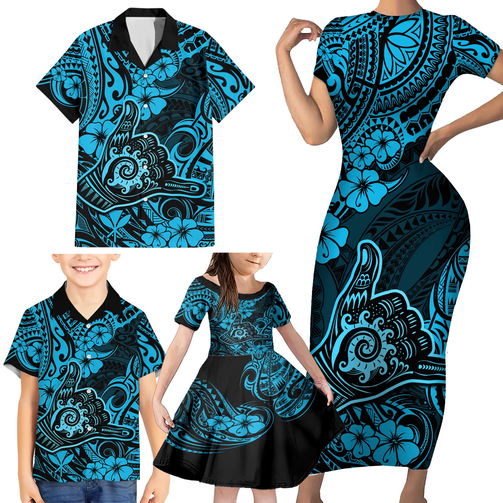 Hawaii Shaka Sign Family Matching Short Sleeve Bodycon Dress and Hawaiian Shirt Polynesian Pattern Sky Blue Version LT01 - Polynesian Pride