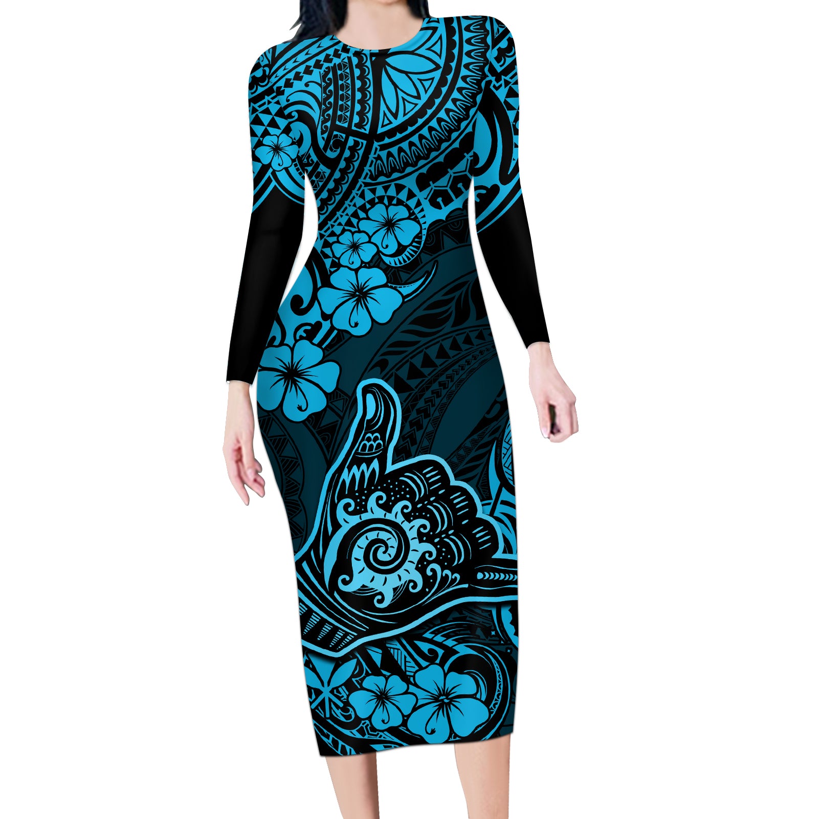 Hawaii Shaka Sign Long Sleeve Bodycon Dress Polynesian Pattern Sky Blue Version LT01 Long Dress Blue - Polynesian Pride