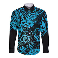 Hawaii Shaka Sign Long Sleeve Button Shirt Polynesian Pattern Sky Blue Version LT01 Unisex Blue - Polynesian Pride
